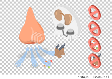3D Isometric Flat Illustration of Nasal Filters, Protection Against Airborne Pollutants, Dust, Allergens, Smoke, Bacteria, And Viruses 3D Isometric Flat Illustration of Nasal Filters, Protection Against Airborne Pollutants, Dust, Allergens, Smoke, Bacteria, And Viruses 135060331