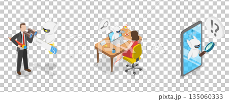 3D Isometric Flat  Illustration of AI Search, Artificial Intelligence Robot Answer Questions 135060333