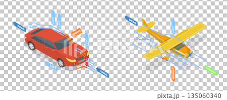 3D Isometric Flat Illustration of Aerodynamics , Air Flow With Plane And Car, Engineering Diagram 3D Isometric Flat Illustration of Aerodynamics , Air Flow With Plane And Car, Engineering Diagram 135060340