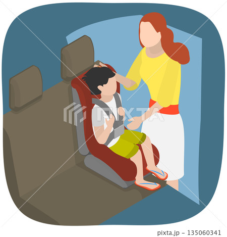 3D Isometric Flat  Illustration of Car Seat For Children, Mother Ensures Child Safety In Car Seat 135060341