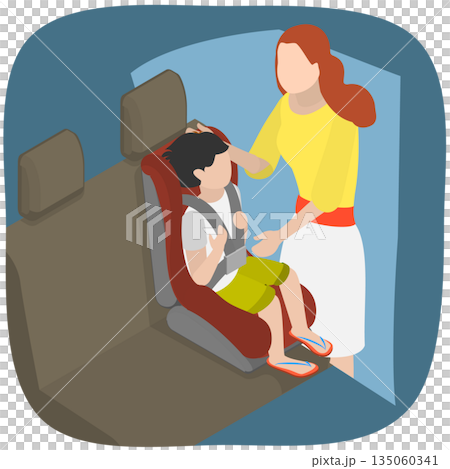 3D Isometric Flat  Illustration of Car Seat For Children, Mother Ensures Child Safety In Car Seat 135060341