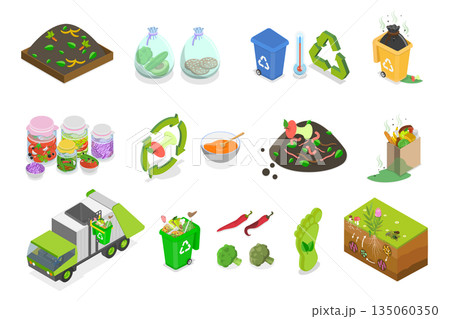 3D Isometric Flat  Illustration of Organic Disposal, Recycling Food Waste And Kitchen Scraps In Compost Collection Program 135060350