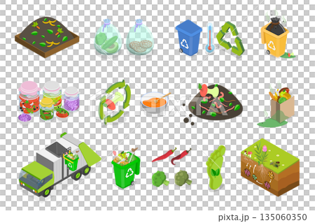 3D Isometric Flat  Illustration of Organic Disposal, Recycling Food Waste And Kitchen Scraps In Compost Collection Program 135060350