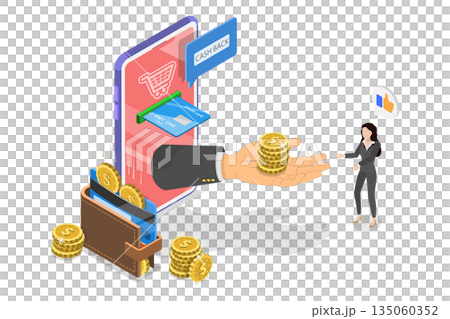 3D Isometric Flat Illustration of Shopping Discounts and Promotion, Customer Receiving Cash Back While Making Credit Card Payments. 3D Isometric Flat Illustration of Shopping Discounts and Promotion, Customer Receiving Cash Back While Making Credit Card Payments. 135060352