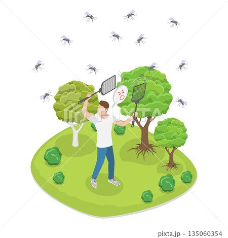 3D Isometric Flat Illustration of Fight Against Insects, Using Fly Swatters To Eliminate Mosquitos And Flies 3D Isometric Flat Illustration of Fight Against Insects, Using Fly Swatters To Eliminate Mosquitos And Flies 135060354