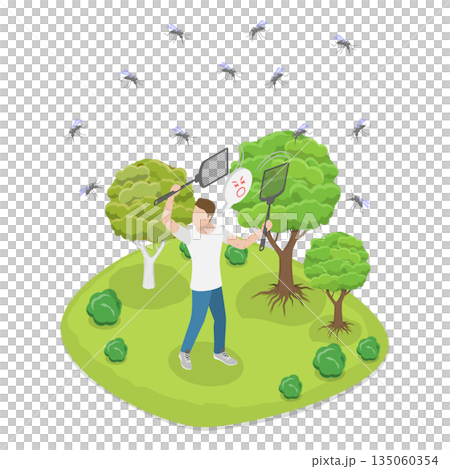 3D Isometric Flat  Illustration of Fight Against Insects, Using Fly Swatters To Eliminate Mosquitos And Flies 135060354