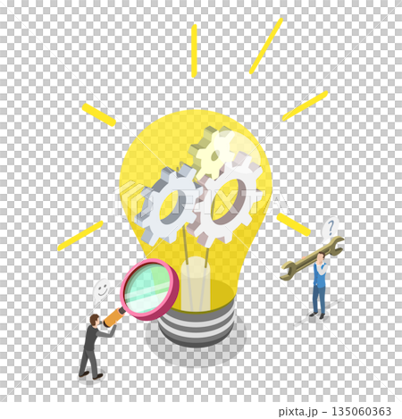 3D Isometric Flat  Illustration of Creativity and Creation Process, Seeking Creative Inspiration While Repairing Lightbulb 135060363