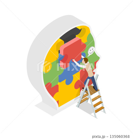 3D Isometric Flat  Illustration of Psychologic Therapy, Brain Puzzle For Problem-Solving Tasks And Challenges 135060368