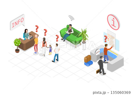 3D Isometric Flat  Illustration of Customer Support Desk, Characters Seek Assistance From Information Desk Staff 135060369