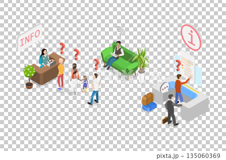 3D Isometric Flat  Illustration of Customer Support Desk, Characters Seek Assistance From Information Desk Staff 135060369