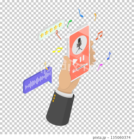 3D Isometric Flat  Illustration of Smartphone for Entertainment, Recording And Listening To Audio Content For Enjoyment Or Information 135060374