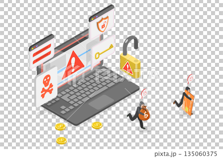 3D Isometric Flat  Illustration of Cyber Crime, Hacker Attack, Online Criminals Stealing Computer Banking Information. 135060375