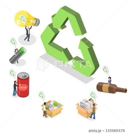 3D Isometric Flat Illustration of Separation And Recycling, The Symbol Of Trash Separation Among Different People Hands 3D Isometric Flat Illustration of Separation And Recycling, The Symbol Of Trash Separation Among Different People Hands 135060378
