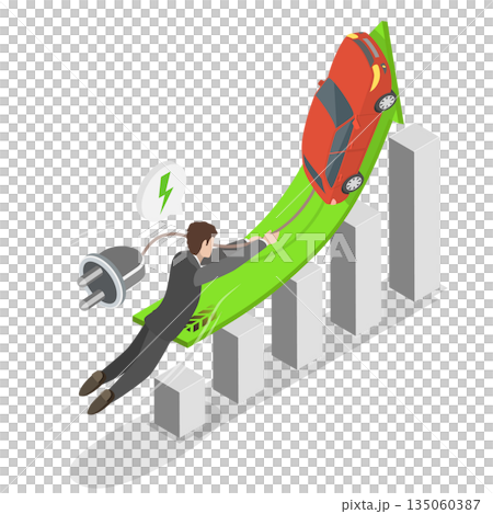 3D Isometric Flat Illustration of EV Stock Pice Soaring, Electric Vehicle Charging As Green Stock Market Soars 3D Isometric Flat Illustration of EV Stock Pice Soaring, Electric Vehicle Charging As Green Stock Market Soars 135060387