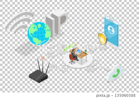 3D Isometric Flat Illustration of IP Telephony, Concept For Communication Technology Design 3D Isometric Flat Illustration of IP Telephony, Concept For Communication Technology Design 135060388