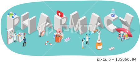 3D Isometric Flat Illustration of Pharmaceutical Business, Characters In Pharmacy Banner For Drug Store Industry. 3D Isometric Flat Illustration of Pharmaceutical Business, Characters In Pharmacy Banner For Drug Store Industry. 135060394