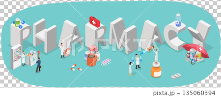 3D Isometric Flat  Illustration of Pharmaceutical Business, Characters In Pharmacy Banner For Drug Store Industry. 135060394