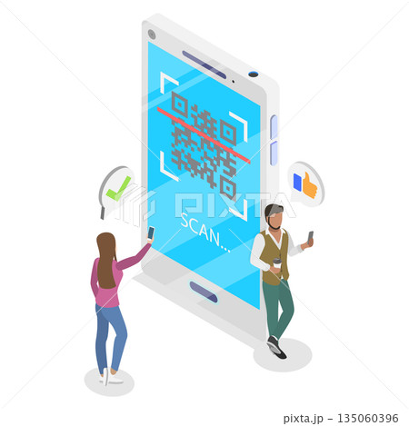 3D Isometric Flat  Illustration of Demonstrating QR Code For Sharing Contacts, Confirming Online Transactions 135060396