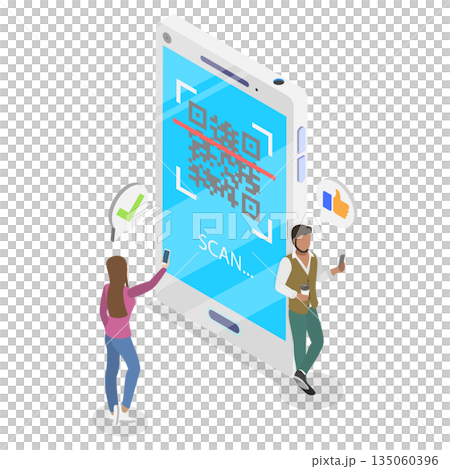 3D Isometric Flat Illustration of Demonstrating QR Code For Sharing Contacts, Confirming Online Transactions 3D Isometric Flat Illustration of Demonstrating QR Code For Sharing Contacts, Confirming Online Transactions 135060396