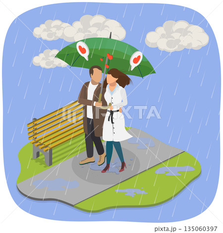 3D Isometric Flat Illustration of Romantic Date, Rainy Weather in Fall Season 3D Isometric Flat Illustration of Romantic Date, Rainy Weather in Fall Season 135060397