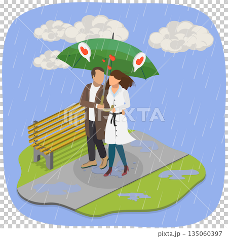 3D Isometric Flat Illustration of Romantic Date, Rainy Weather in Fall Season 3D Isometric Flat Illustration of Romantic Date, Rainy Weather in Fall Season 135060397