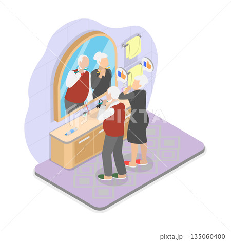 3D Isometric Flat  Illustration of Dentistry and Healthcare, Elderly Couple Engaging In Morning Rituals Side By Side 135060400