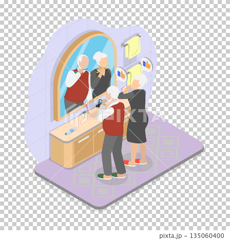 3D Isometric Flat  Illustration of Dentistry and Healthcare, Elderly Couple Engaging In Morning Rituals Side By Side 135060400