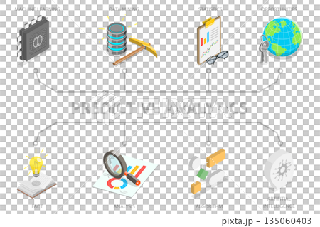 3D Isometric Flat Illustration of Big Data Analysis, Predictive Analytics And Forecasting 3D Isometric Flat Illustration of Big Data Analysis, Predictive Analytics And Forecasting 135060403
