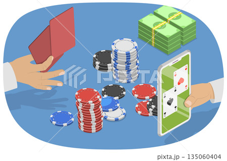 3D Isometric Flat  Illustration of Gambling, Online Poker, Featuring Hand Holding Two Aces Surrounded By Chips 135060404