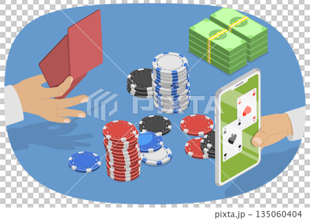 3D Isometric Flat  Illustration of Gambling, Online Poker, Featuring Hand Holding Two Aces Surrounded By Chips 135060404