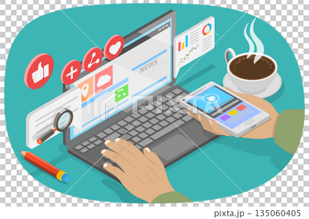 3D Isometric Flat Illustration of Technology And Communication, Man Engaging With Augmented Reality Content And News On Smartphone While Reading Magazine. 3D Isometric Flat Illustration of Technology And Communication, Man Engaging With Augmented Reality Content And News On Smartphone While Reading Magazine. 135060405