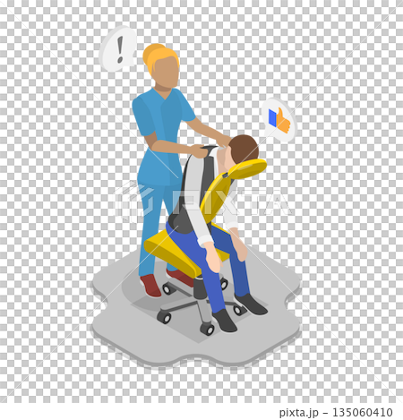 3D Isometric Flat  Illustration of Physiotherapy, Female Massage Therapist Assists Patient With Back Pain At Clinic 135060410