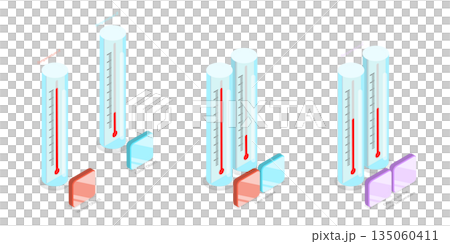 3D Isometric Flat  Illustration of Thermal Energy Concept, Diagram Illustrating Heat Transfer Stages In Physics Using Vectors For Better Understanding. 135060411