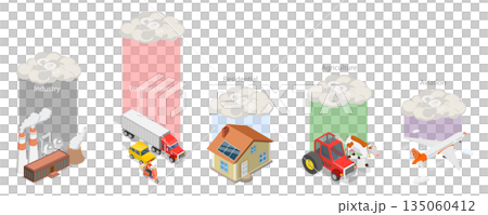 3D Isometric Flat  Illustration of Carbon Greenhouse, Diagram Outlining Sources Of Carbon Footprint And CO2 Gas Emissions 135060412