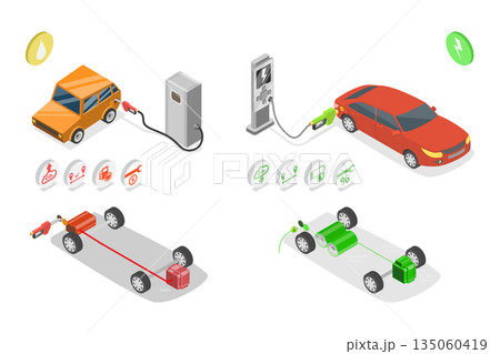 3D Isometric Flat  Illustration of Gasoline Vs Electric Cars, Comparison With Refueling And Charging Stations 135060419