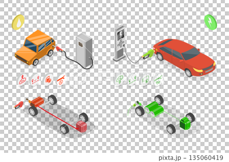 3D Isometric Flat  Illustration of Gasoline Vs Electric Cars, Comparison With Refueling And Charging Stations 135060419