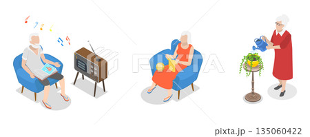 3D Isometric Flat  Illustration of Leisure Fun, Elderly Men And Women Enjoying Hobbies At Nursing Home 135060422