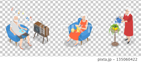 3D Isometric Flat Illustration of Leisure Fun, Elderly Men And Women Enjoying Hobbies At Nursing Home 3D Isometric Flat Illustration of Leisure Fun, Elderly Men And Women Enjoying Hobbies At Nursing Home 135060422
