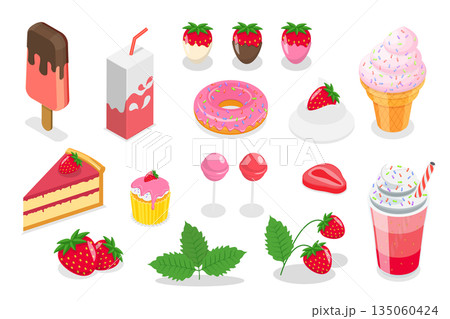 3D Isometric Flat Illustration of Strawberry Dessert Set, Delicious Sweets 3D Isometric Flat Illustration of Strawberry Dessert Set, Delicious Sweets 135060424
