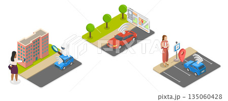 3D Isometric Flat  Illustration of Robotic Vehicle, Set Of Abstract Concept of Autonomous Car 135060428