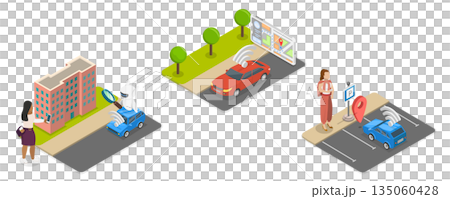 3D Isometric Flat  Illustration of Robotic Vehicle, Set Of Abstract Concept of Autonomous Car 135060428