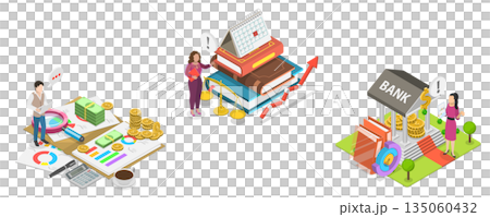 3D Isometric Flat Illustration of Online Banking, Set Of Financial Scenes 3D Isometric Flat Illustration of Online Banking, Set Of Financial Scenes 135060432