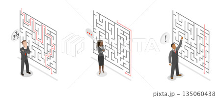 3D Isometric Flat Illustration of Different Approach , Businessmen Propose Unique Solution To Overcome Challenging Maze. 3D Isometric Flat Illustration of Different Approach , Businessmen Propose Unique Solution To Overcome Challenging Maze. 135060438