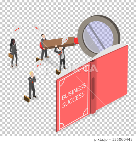 3D Isometric Flat Illustration of Teamwork and Guidance, Joyful Professionals Reading Large Book On Achieving Success In Business As A Team. 3D Isometric Flat Illustration of Teamwork and Guidance, Joyful Professionals Reading Large Book On Achieving Success In Business As A Team. 135060445