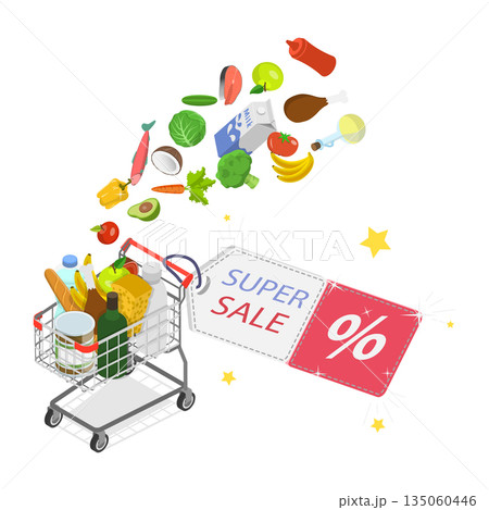 3D Isometric Flat  Illustration of Online Shopping Grocery, Advertising Grocery Sale 135060446