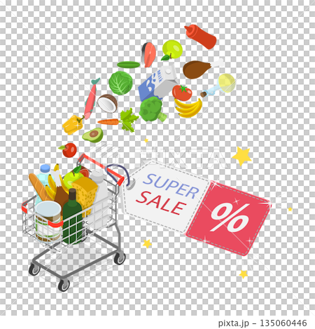 3D Isometric Flat  Illustration of Online Shopping Grocery, Advertising Grocery Sale 135060446