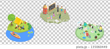 3D Isometric Flat Illustration of Summer Activities, Camping Composition 3D Isometric Flat Illustration of Summer Activities, Camping Composition 135060449