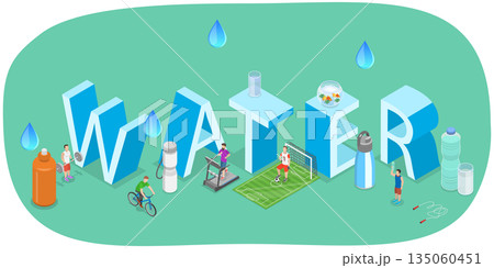 3D Isometric Flat Illustration of Drink More Water, Characters Stay Hydrated 3D Isometric Flat Illustration of Drink More Water, Characters Stay Hydrated 135060451