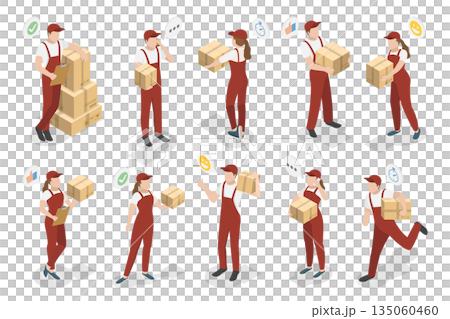 3D Isometric Flat  Illustration of Delivery Service, Collection Of Mail Carriers 135060460