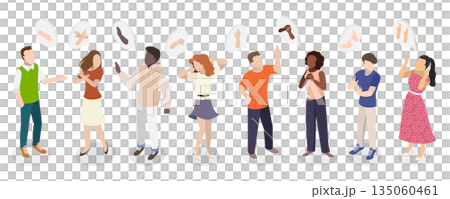 3D Isometric Flat  Illustration of Hand Gestures Set, Diverse Group Displaying Some Hand Gestures 135060461